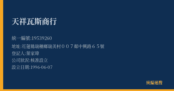 天祥瓦斯商行的照片-統編 19539260(花蓮縣) 公司登記資料與營業項目詳細圖表