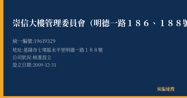 崇信大樓管理委員會(明德一路186、188號頂樓)的照片-統編 19619329(基隆市) 公司登記資料與營業項目詳細圖表