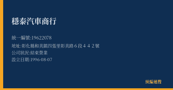 穩泰汽車商行的照片-統編 19622078(彰化縣) 公司登記資料與營業項目詳細圖表