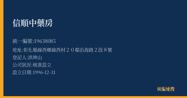 信順中藥房的照片-統編 19638085(彰化縣) 公司登記資料與營業項目詳細圖表