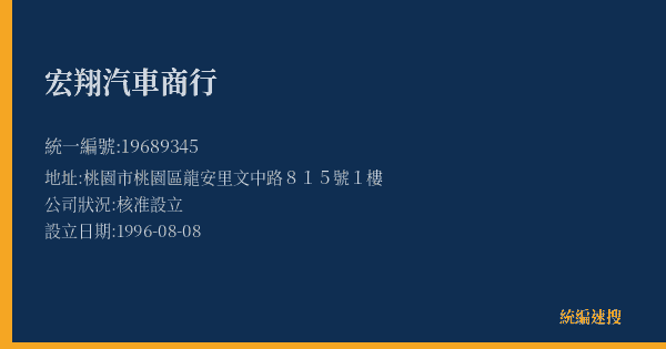 宏翔汽車商行的照片-統編 19689345(桃園市) 公司登記資料與營業項目詳細圖表
