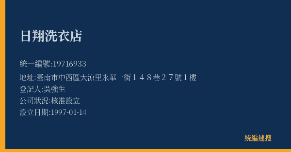 日翔洗衣店的照片-統編 19716933(臺南市) 公司登記資料與營業項目詳細圖表