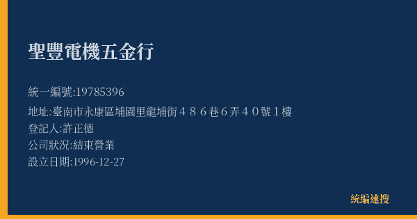 聖豐電機五金行的照片-統編 19785396(臺南市) 公司登記資料與營業項目詳細圖表