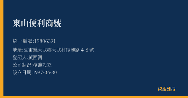 東山便利商號的照片-統編 19806391(臺東縣) 公司登記資料與營業項目詳細圖表