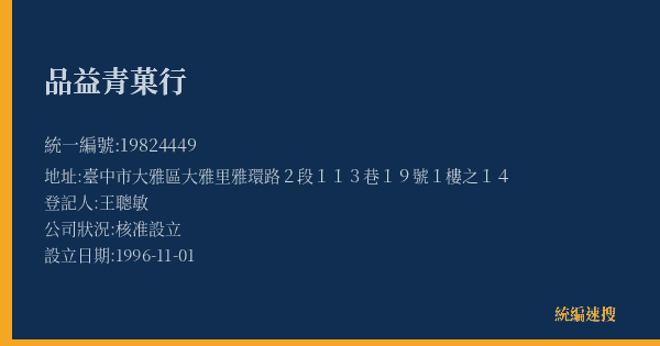 品益青菓行的照片-統編 19824449(臺中市) 公司登記資料與營業項目詳細圖表