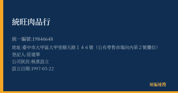 統旺肉品行的照片-統編 19846648(臺中市) 公司登記資料與營業項目詳細圖表
