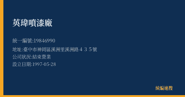英瑋噴漆廠的照片-統編 19846990(臺中市) 公司登記資料與營業項目詳細圖表