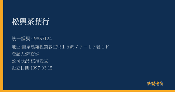 松興茶葉行的照片-統編 19857124(苗栗縣) 公司登記資料與營業項目詳細圖表