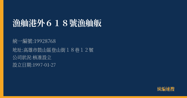 漁舢港外618號漁舢舨的照片-統編 19928768(高雄市) 公司登記資料與營業項目詳細圖表