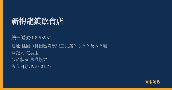 新梅龍鎮飲食店的照片-統編 19958967(桃園市) 公司登記資料與營業項目詳細圖表