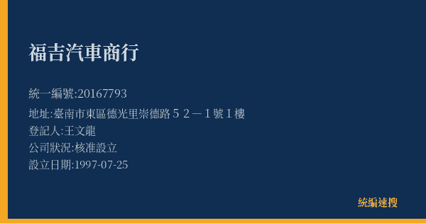 福吉汽車商行的照片-統編 20167793(臺南市) 公司登記資料與營業項目詳細圖表