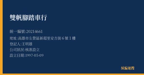 雙帆腳踏車行的照片-統編 20214661(高雄市) 公司登記資料與營業項目詳細圖表