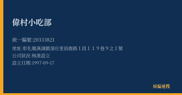 偉村小吃部的照片-統編 20333821(彰化縣) 公司登記資料與營業項目詳細圖表