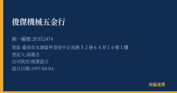 俊傑機械五金行的照片-統編 20352474(臺南市) 公司登記資料與營業項目詳細圖表