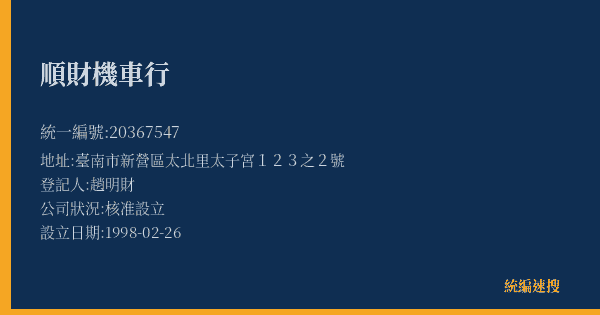 順財機車行的照片-統編 20367547(臺南市) 公司登記資料與營業項目詳細圖表