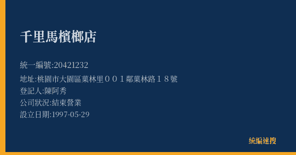 千里馬檳榔店的照片-統編 20421232(桃園市) 公司登記資料與營業項目詳細圖表