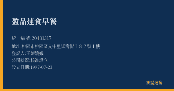 盈品速食早餐的照片-統編 20431317(桃園市) 公司登記資料與營業項目詳細圖表