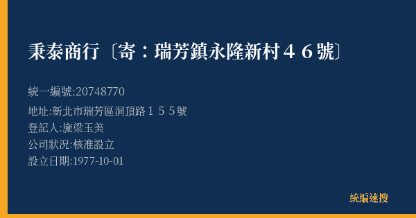 秉泰商行〔寄:瑞芳鎮永隆新村46號〕的照片-統編 20748770(新北市) 公司登記資料與營業項目詳細圖表