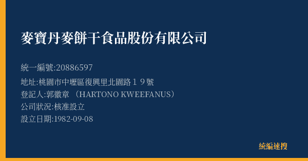 麥寶丹麥餅干食品股份有限公司的照片-統編 20886597(桃園市) 公司登記資料與營業項目詳細圖表