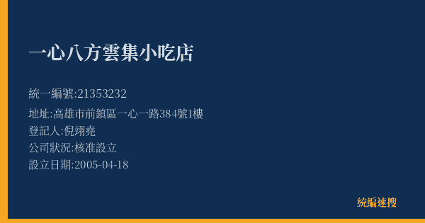 一心八方雲集小吃店的照片-統編 21353232(高雄市) 公司登記資料與營業項目詳細圖表