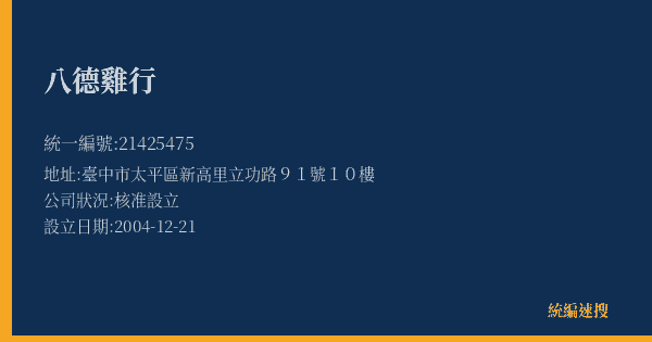八德雞行的照片-統編 21425475(臺中市) 公司登記資料與營業項目詳細圖表