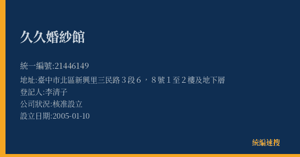 久久婚紗館的照片-統編 21446149(臺中市) 公司登記資料與營業項目詳細圖表