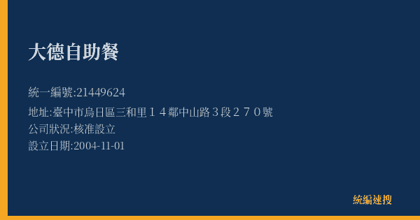 大德自助餐的照片-統編 21449624(臺中市) 公司登記資料與營業項目詳細圖表