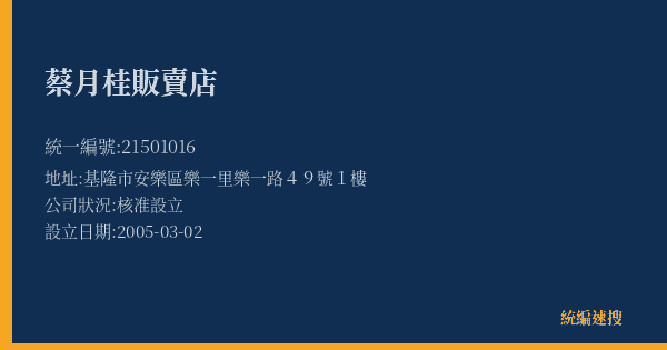 蔡月桂販賣店的照片-統編 21501016(基隆市) 公司登記資料與營業項目詳細圖表