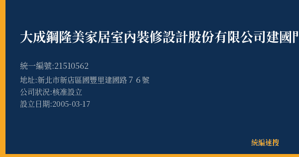 大成鋼隆美家居室內裝修設計股份有限公司建國門市部的照片-統編 21510562(新北市) 公司登記資料與營業項目詳細圖表