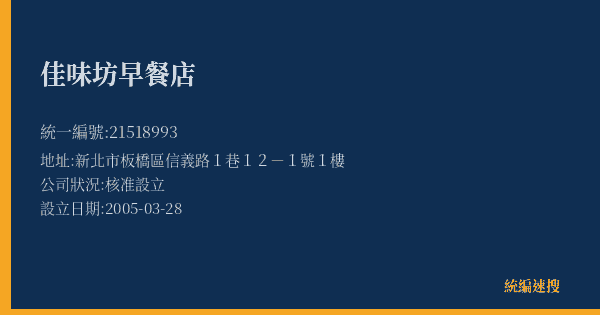 佳味坊早餐店的照片-統編 21518993(新北市) 公司登記資料與營業項目詳細圖表