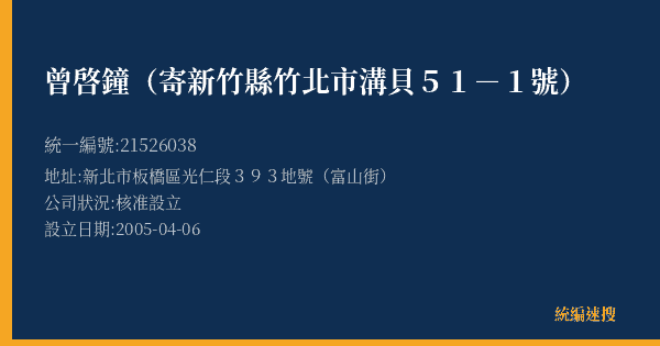 曾啓鐘(寄新竹縣竹北市溝貝51-1號)的照片-統編 21526038(新北市) 公司登記資料與營業項目詳細圖表