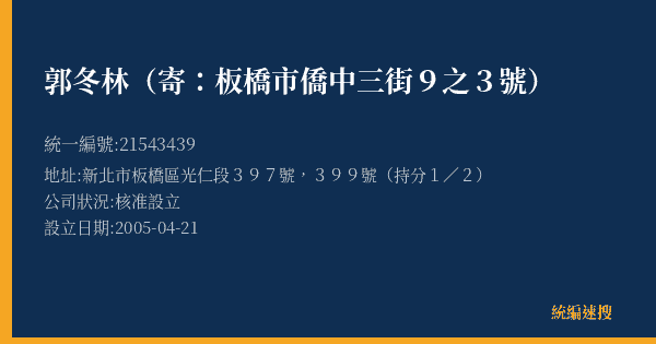 郭冬林(寄:板橋市僑中三街9之3號)的照片-統編 21543439(新北市) 公司登記資料與營業項目詳細圖表