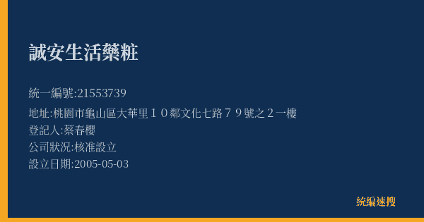 誠安生活藥粧的照片-統編 21553739(桃園市) 公司登記資料與營業項目詳細圖表