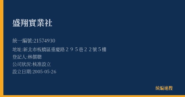 盛翔實業社的照片-統編 21574930(新北市) 公司登記資料與營業項目詳細圖表