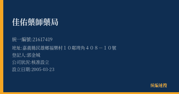 佳佑藥師藥局的照片-統編 21617419(嘉義縣) 公司登記資料與營業項目詳細圖表