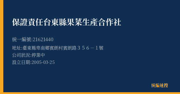保證責任台東縣果菜生產合作社的照片-統編 21621440(臺東縣) 公司登記資料與營業項目詳細圖表