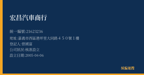 宏昌汽車商行的照片-統編 21623236(嘉義市) 公司登記資料與營業項目詳細圖表