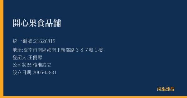 開心果食品舖的照片-統編 21626819(臺南市) 公司登記資料與營業項目詳細圖表