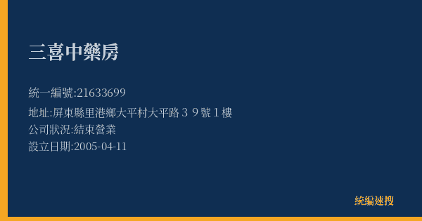 三喜中藥房的照片-統編 21633699(屏東縣) 公司登記資料與營業項目詳細圖表