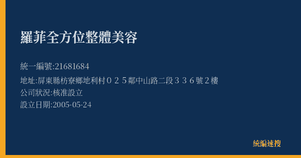 羅菲全方位整體美容的照片-統編 21681684(屏東縣) 公司登記資料與營業項目詳細圖表
