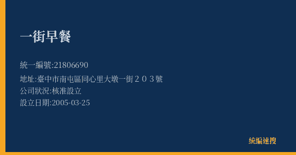 一街早餐的照片-統編 21806690(臺中市) 公司登記資料與營業項目詳細圖表