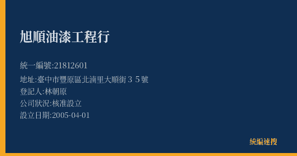 旭順油漆工程行的照片-統編 21812601(臺中市) 公司登記資料與營業項目詳細圖表