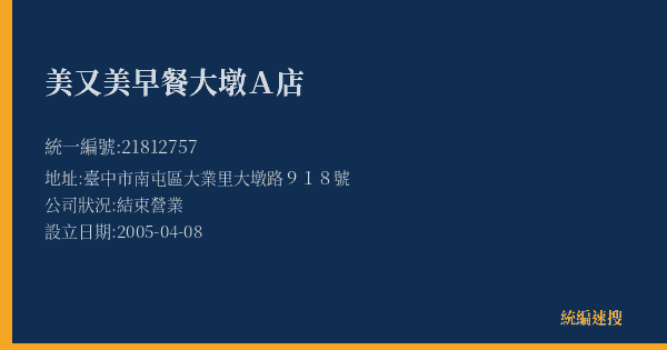美又美早餐大墩A店的照片-統編 21812757(臺中市) 公司登記資料與營業項目詳細圖表