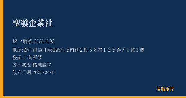 聖發企業社的照片-統編 21814100(臺中市) 公司登記資料與營業項目詳細圖表