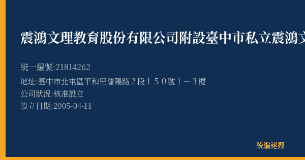 震鴻文理教育股份有限公司附設臺中市私立震鴻文理短期補習班的照片-統編 21814262(臺中市) 公司登記資料與營業項目詳細圖表