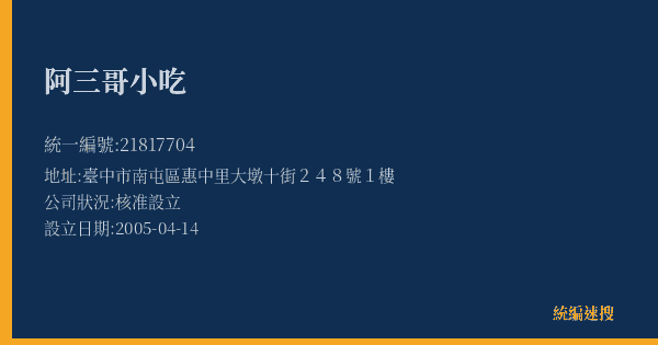 阿三哥小吃的照片-統編 21817704(臺中市) 公司登記資料與營業項目詳細圖表