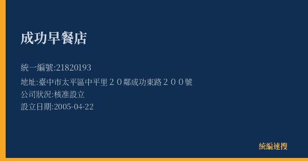 成功早餐店的照片-統編 21820193(臺中市) 公司登記資料與營業項目詳細圖表