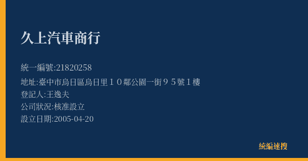 久上汽車商行的照片-統編 21820258(臺中市) 公司登記資料與營業項目詳細圖表