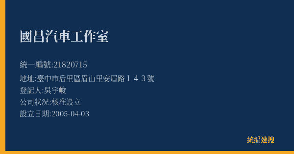 國昌汽車工作室的照片-統編 21820715(臺中市) 公司登記資料與營業項目詳細圖表