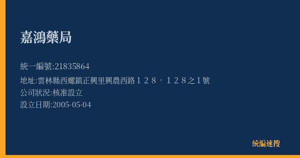 嘉鴻藥局的照片-統編 21835864(雲林縣) 公司登記資料與營業項目詳細圖表